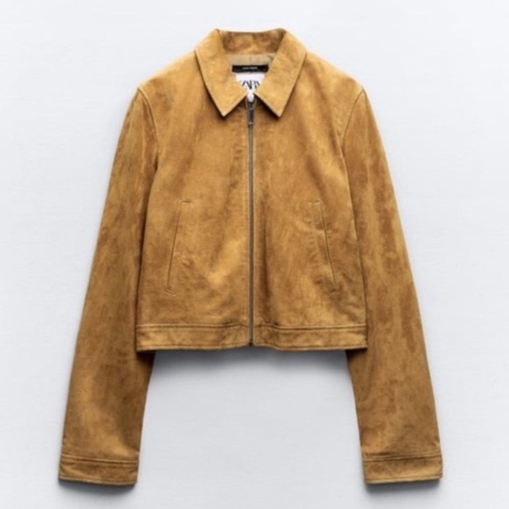 Zara genuine suede leather jacket tan camel medium